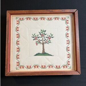Vintage Traditional American folk art framed cross stitch fruit tree sampler
